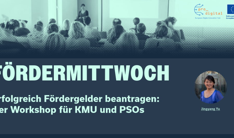 Fördermittwoch - Einführung in die Antragstellung Flyer für Workshop Fördermittwoch, Einfürhung in die Antragstellung mit mintfarbener Schrift, dunkelblauem Hintergrund und Foto von unserer Referentin