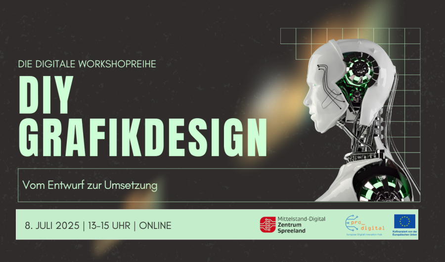 Seitenansicht eines teilweise geöffneten Torso eines humanoiden Roboters und Veranstaltungshinweise
