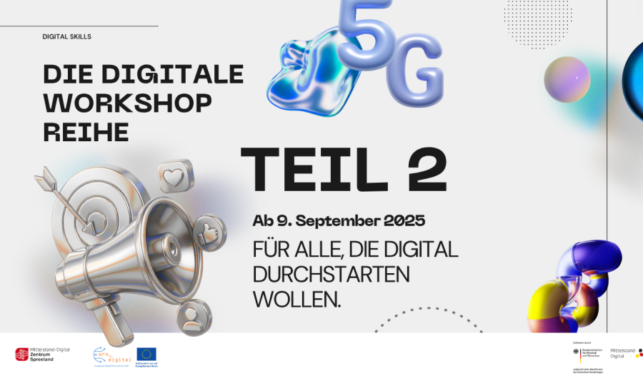 Digitaler Flyer: grau-weißer Hintergrund, schwarze Schrift: Digital Skills, Digitale Workshopreihe, Teil 2, Ab 9. September 2025, Für alle die digital durchstarten wollen; Design-Elemente: 3D Renderings von verschieden geformten Objekten, silbern, blau, grau, lila