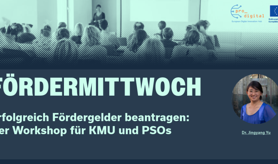 Stammtisch Fördermittwoch - Einführung in die Antragstellung Flyer für Workshop Fördermittwoch, Einführung in die Antragstellung mit mintfarbener Schrift, dunkelblauem Hintergrund und Foto von unserer Referentin