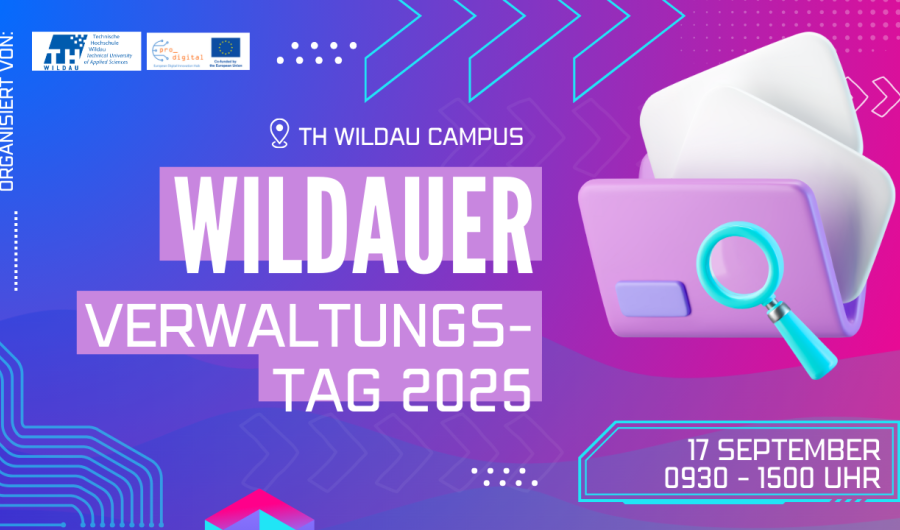 Illustration für den Wildauer Verwaltungstag 2025, 17. September von 9:30 bis 15 Uhr auf dem TH Wildau Campus. Farbgebung: Blau, Türkis, Lila, rosa, pink und weiße Schrift
