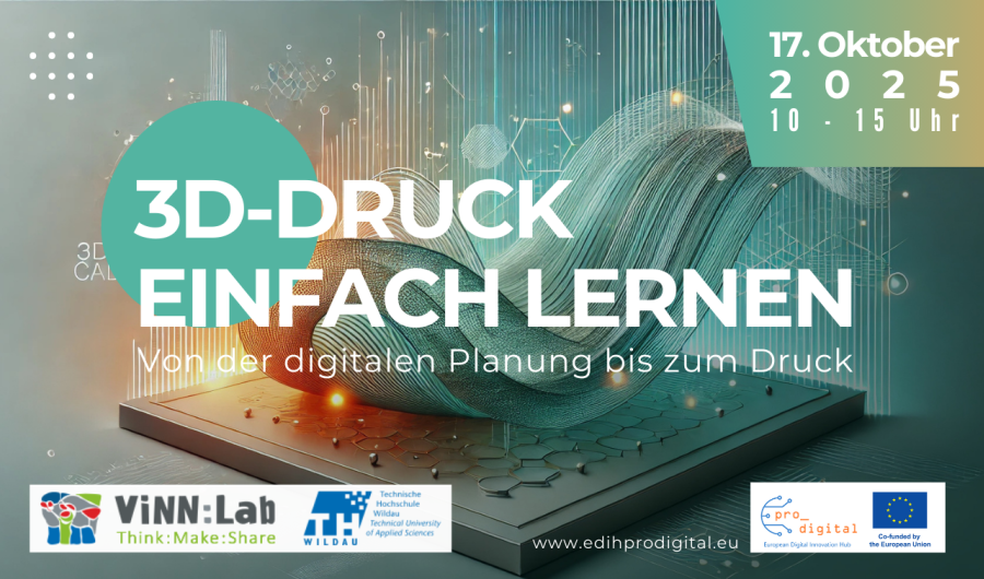 Flyer für Workshop Entwurfsentwicklung & 3D Druck: Hintergrundbild 3D rendering einer Welle, pastellgrün mit orange-gelben Leuchteffekten, darauf weiße Schrift