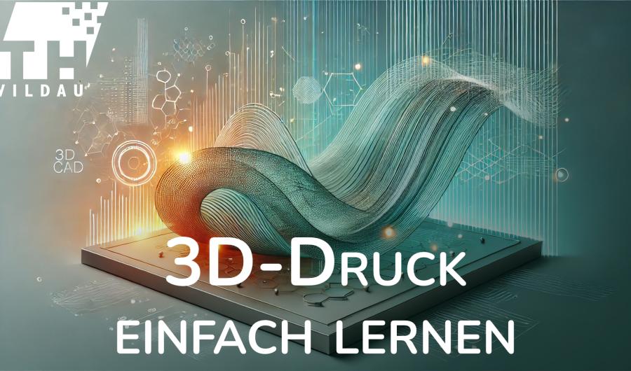 3D Druck Workshop Flyer für Workshop Entwurfsentwicklung & 3D Druck: Hintergrundbild 3D rendering einer Welle, pastellgrün mit orange-gelben Leuchteffekten, darauf weiße Schrift