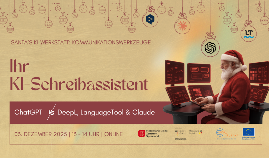 Flyer zur Veranstaltung - Weihnachtsmann sitzt vor Bildschirmen