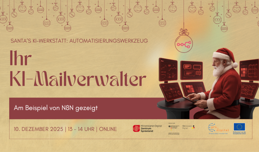 Flyer zur Veranstaltung - Weihnachtsmann sitzt vor Bildschirmen