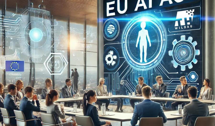 Mehrere Personen sitzen um einen Tisch, im Hintergrund ein Plakat EU AI Act