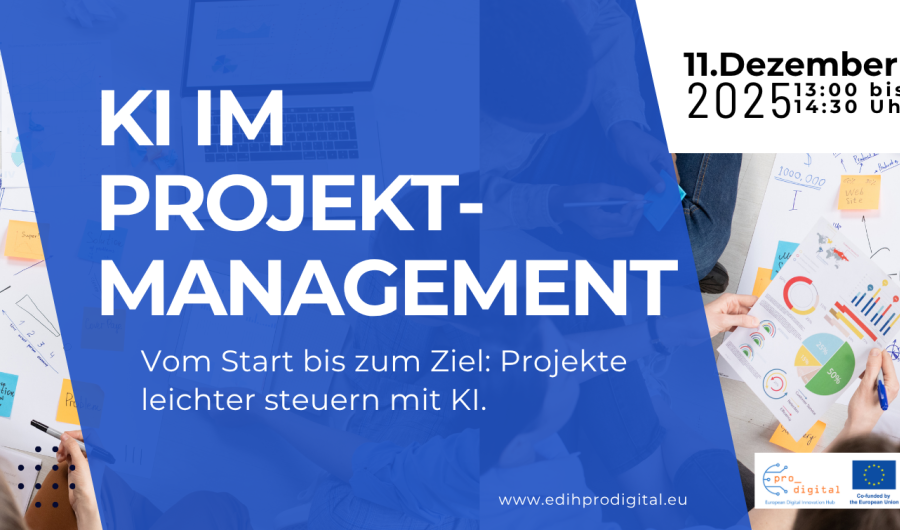 Flyer KI im Projektmanagement, weiße Schrift auf blauem Hintergrund