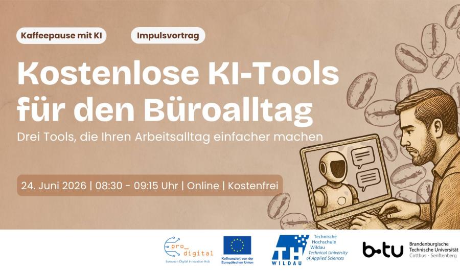 Flyer zur Veranstaltung - Kaffeepause mit KI - Kostenlose KI Tools für den Büroalltag