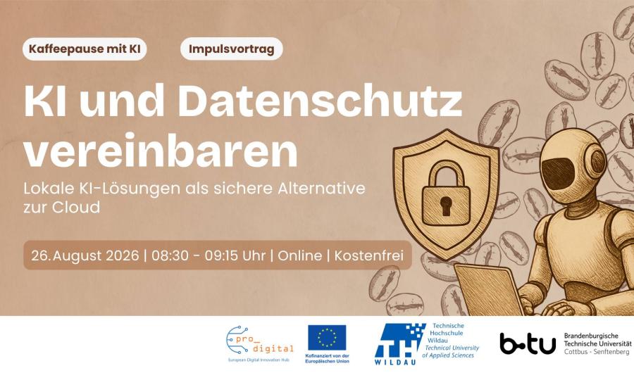 Flyer zur Veranstaltung - Kaffeepause mit KI - KI und Datenschutz vereinbaren