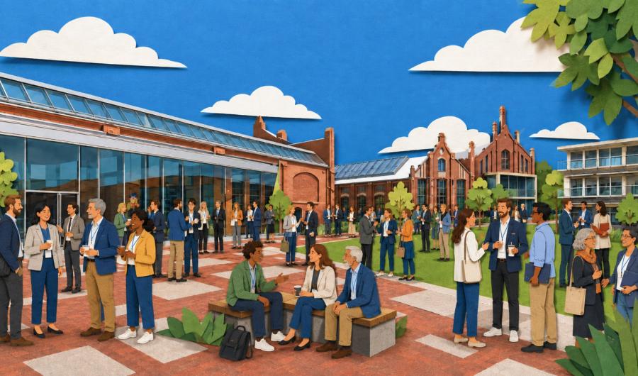 Eine Grafik, die einen Blick auf den belebten TH Wildau Campus zeigt. Viele Personengruppen sind miteinander im Gespräch