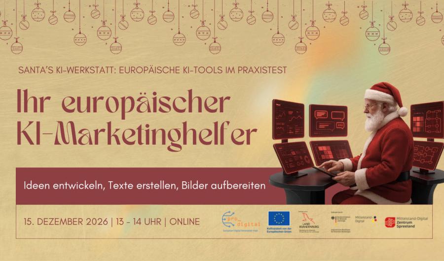 Flyer zur Veranstaltung Santa’s KI-Werkstatt - Ihr europäischer KI-Marketinghelfer