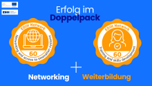 Blauer Hintergrund, zwei Auszeichnungen (Badges) in Weiss und Orange für Networking und Skills&Training