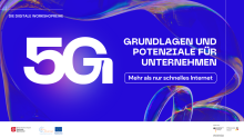 Plakat zur Veranstaltungsankündigung: Die Zukunft mit 5G, blauer Hintergrund, weiße Schrift, 5G Schriftzug wie blau-metallische Ballons