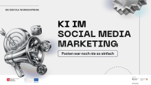 Plakat zur Ankündigung einer Veranstaltung zum KI im Social Media Marketing, hellgrauer Hintergrund, schwarze Schrift, Social Media icons in 3D Rendering und metallisch glänzend