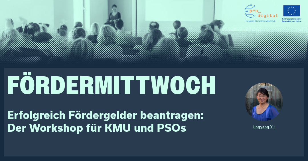 Flyer für Workshop Fördermittwoch, Einfürhung in die Antragstellung mit mintfarbener Schrift, dunkelblauem Hintergrund und Foto von unserer Referentin