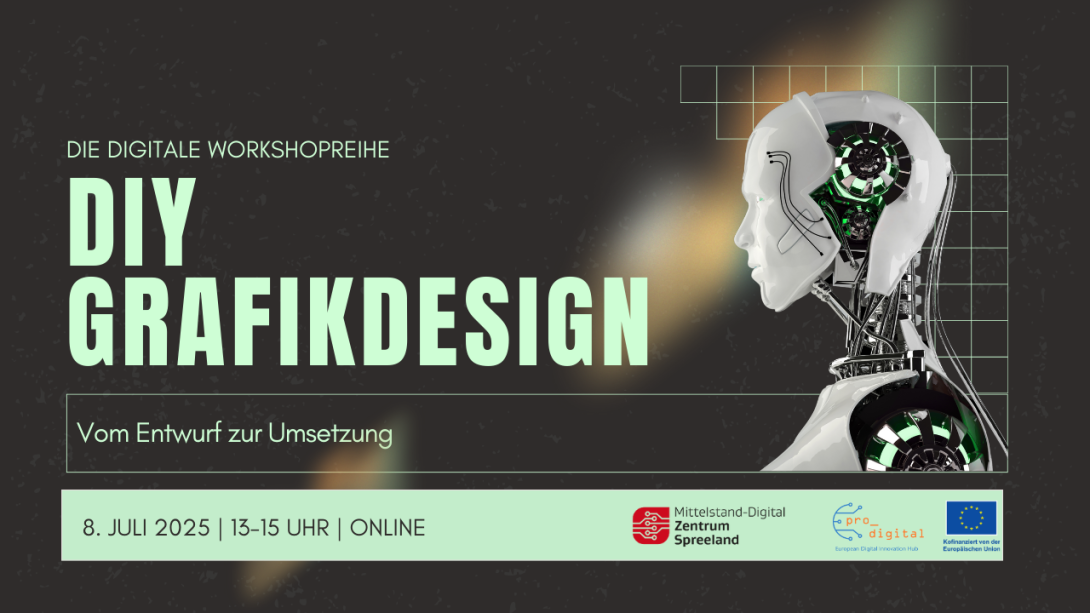 Seitenansicht eines teilweise geöffneten Torso eines humanoiden Roboters und Veranstaltungshinweise