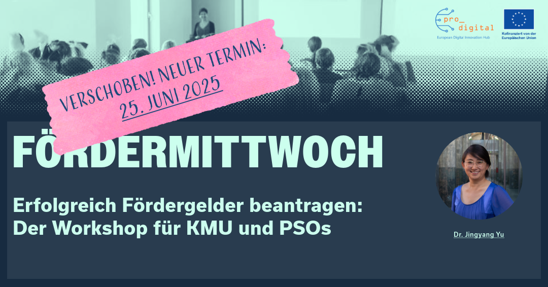 Flyer für Workshop Fördermittwoch, Einfürhung in die Antragstellung mit mintfarbener Schrift, dunkelblauem Hintergrund und Foto von unserer Referentin