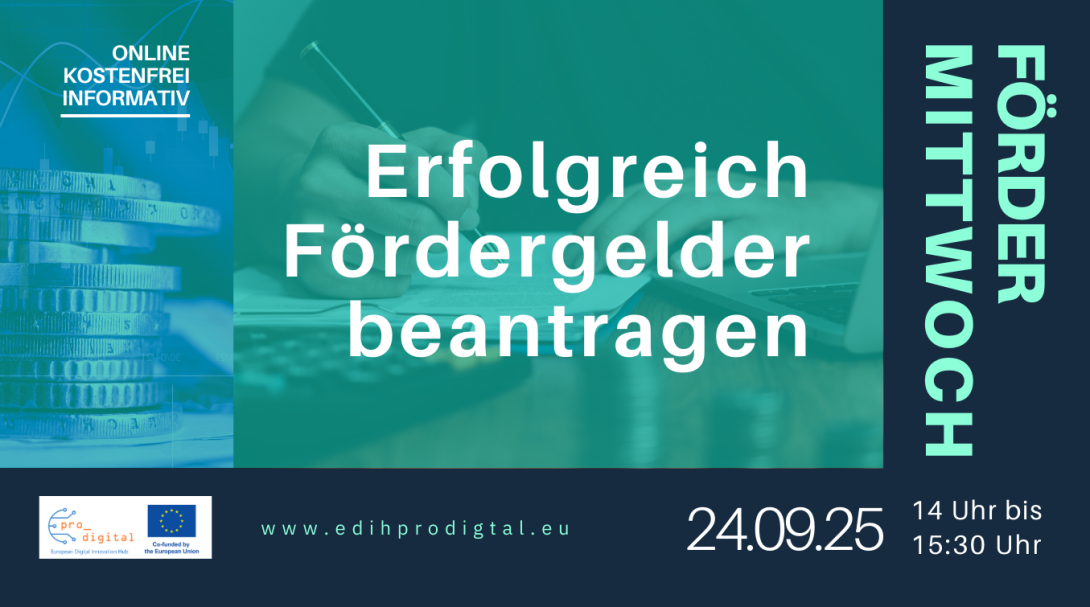 Flyer für Online-Workshop Fördermittwoch, Einführung in die Antragstellung mit mintfarbener Schrift, dunkelblauem Hintergrund und Foto von unserer Referentin