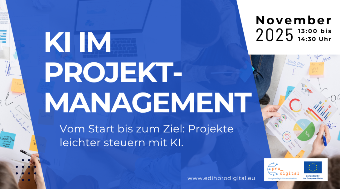 Flyer KI im Projektmanagement, weiße Schrift auf blauem Hintergrund