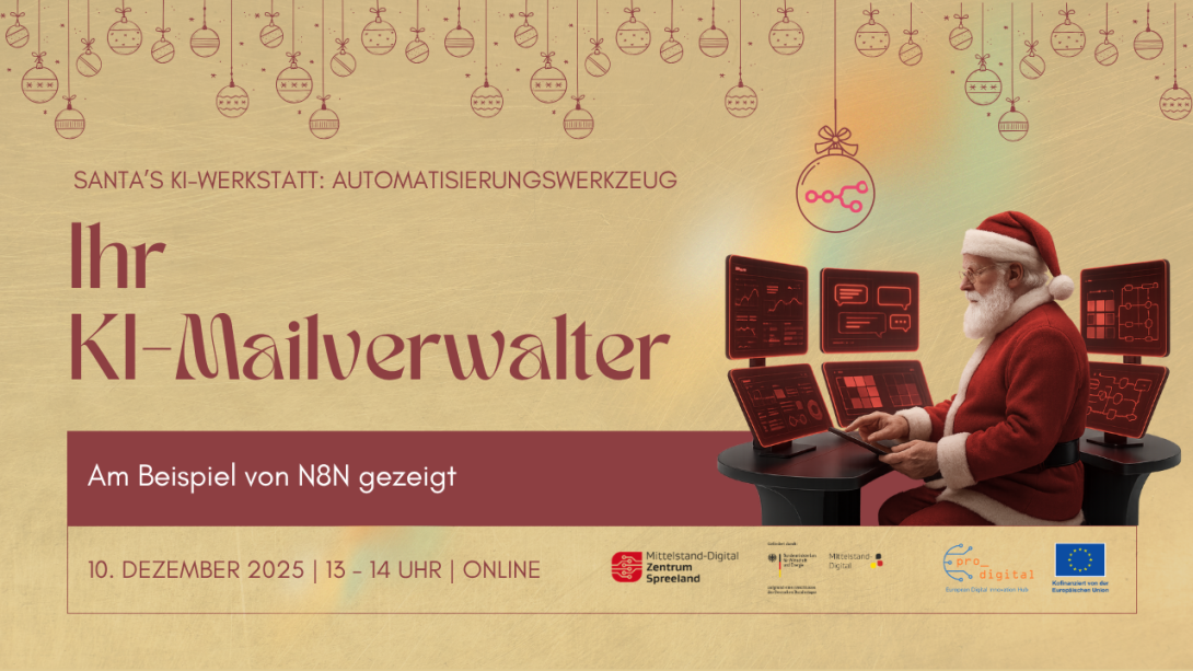 Flyer zur Veranstaltung - Weihnachtsmann sitzt vor Bildschirmen