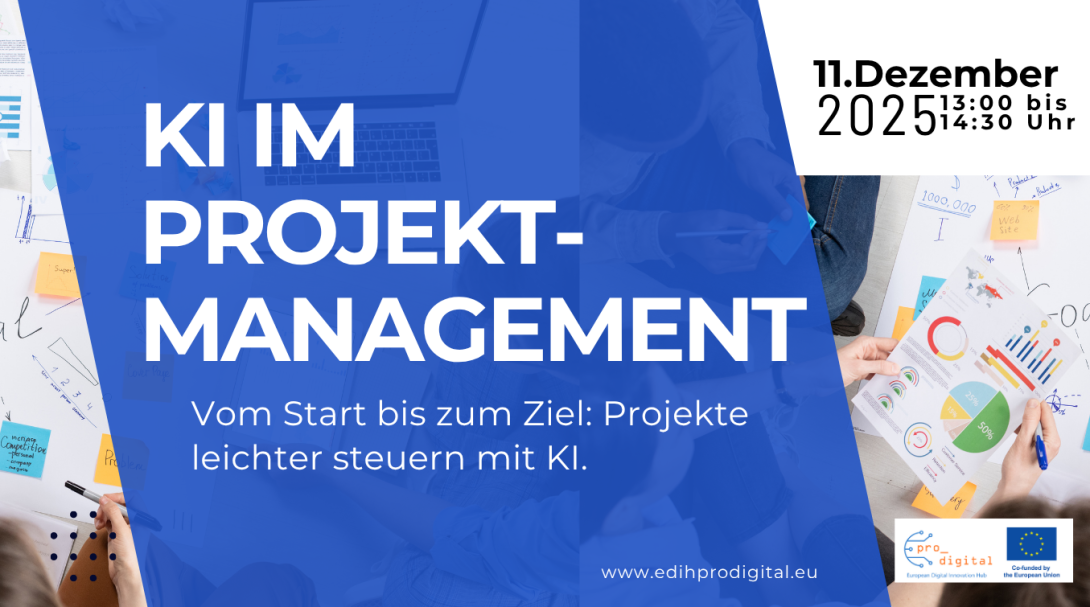 Flyer KI im Projektmanagement, weiße Schrift auf blauem Hintergrund