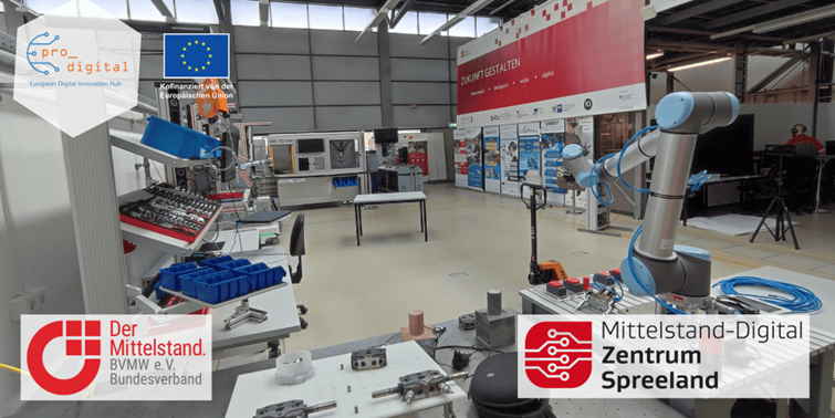 Blick in einer Laborhalle und verschiedene Logos im Vordergrund