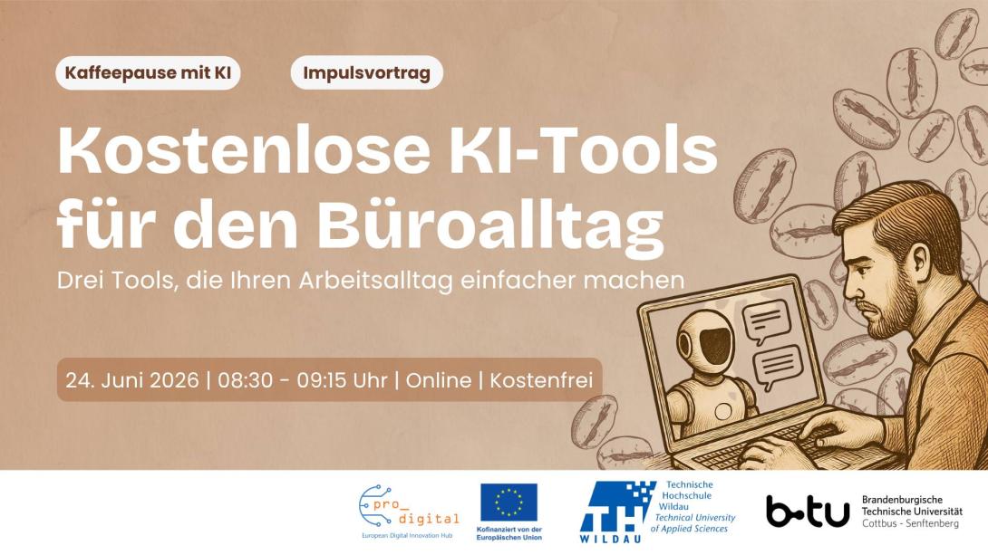 Flyer zur Veranstaltung - Kaffeepause mit KI - Kostenlose KI Tools für den Büroalltag